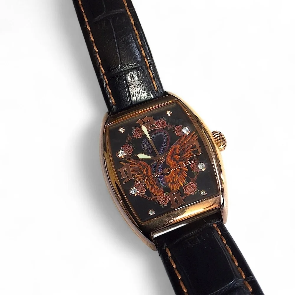 Christian Audigier Watch INC-310 Rose Gold Tattoo Dial Black Leather Band